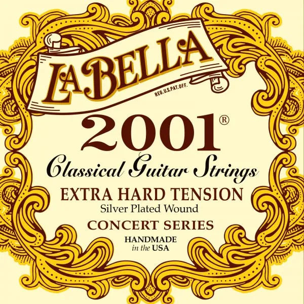 An innovation, 2001 Extra Hard Tension strings are the first set designed with these heavier gauges. Perfectly balanced on all six strings, this set works well on shorter scale instruments. The silver-plated basses retain a lustrous timbre for a long playing time and do not have a thuddy or dull sonority. Both the nylon trebles and wound basses produce a greater volume from most instruments. These newly designed strings are the first choice of many professional guitarists.
The 2001 Series Classical Guitar