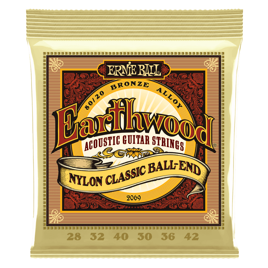 Ernie Ball Earthwood 80/20 Bronze Nylon Ball End Folk/Classical Guitar Strings - Clear & Gold