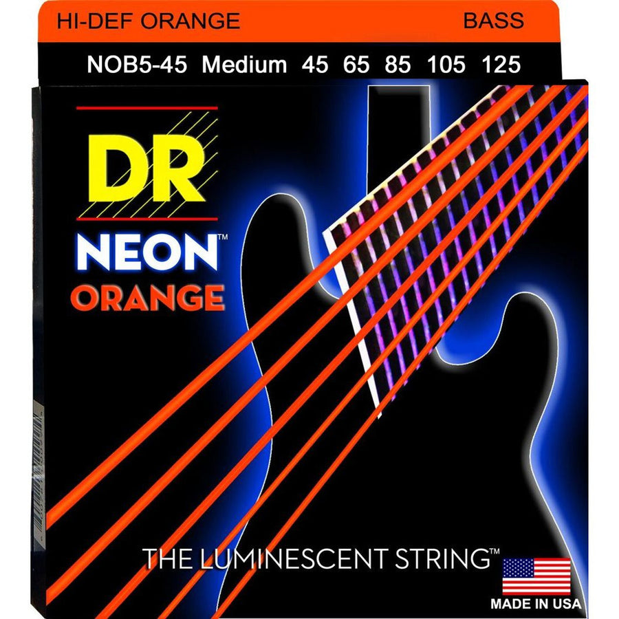 DR Hi-Def Neon Orange K3 Coated Electric Bass Strings NOB5-45 Med 5s 45-125 - Royal | Musiqi Alətləri mağazası