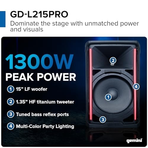 Gemini GD-L215PRO Professional Bluetooth PA Speaker 1300W LED Lights 15"