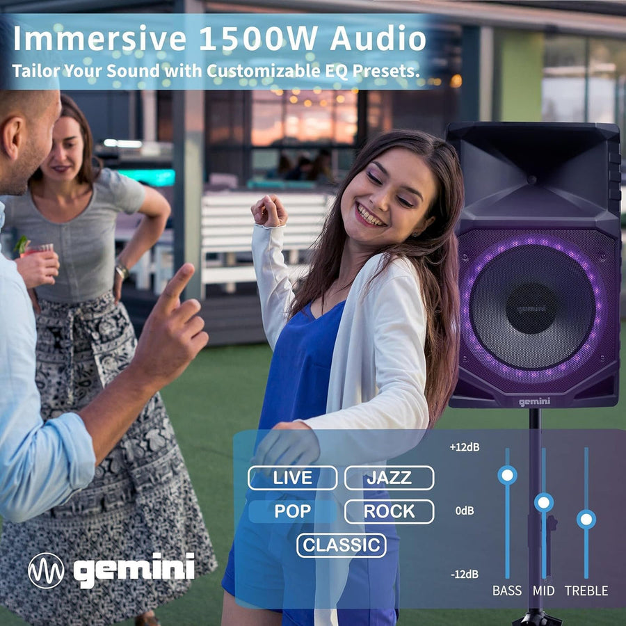 Gemini GXP-T1500 Portable 1500W Bluetooth PA Speaker - Waterproof 15"