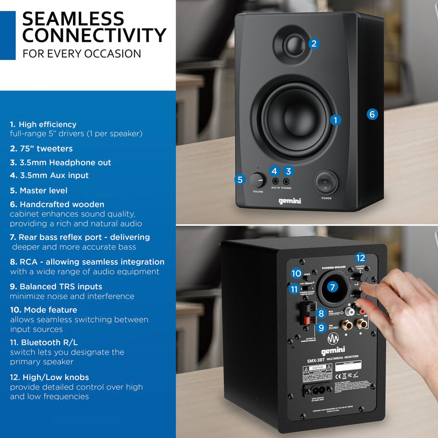Gemini SMX-3BT 100W Bluetooth Studio Monitor Speakers - Active/Passive Wood