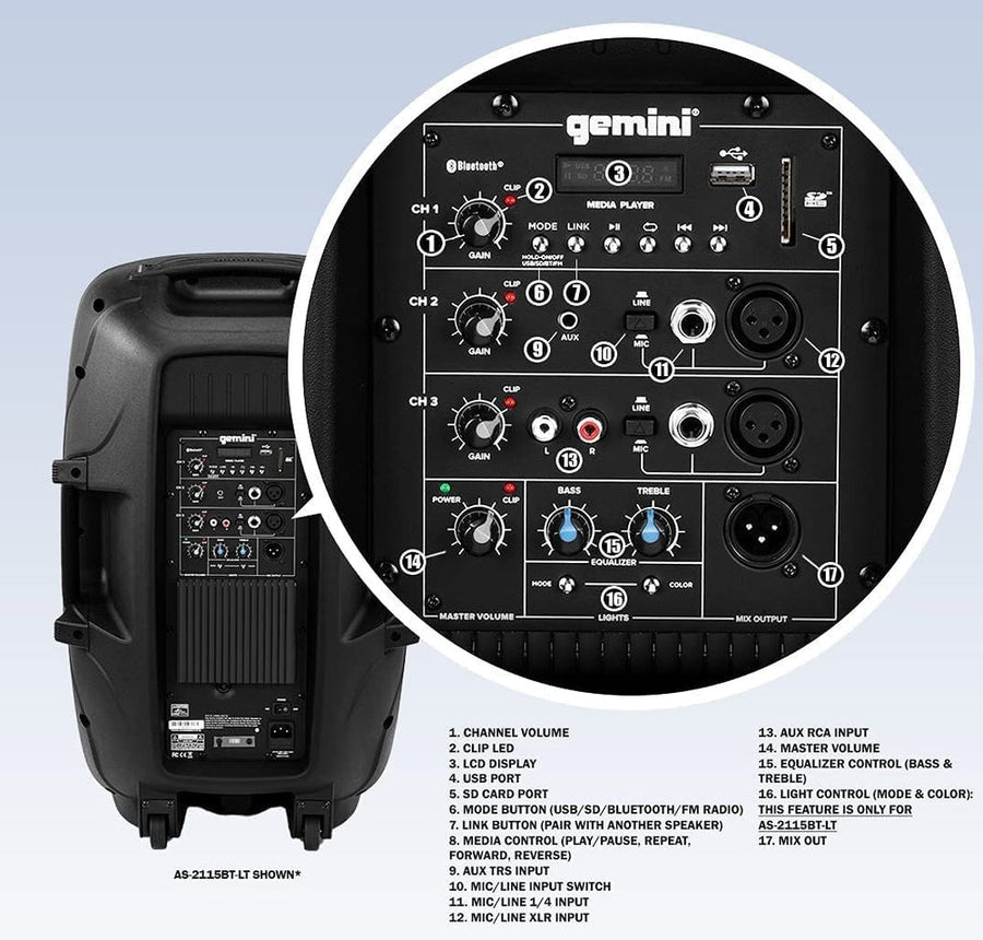 Gemini AS-2115BT-LT 2000W 15" Bluetooth PA Speaker with LED