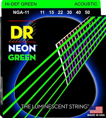 DR NGA-11 Neon Green Acoustic Guitar Strings med-lite gauges 11-50 