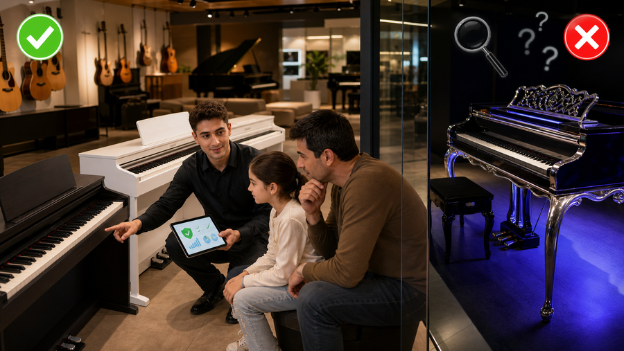 Elektron Piano Alarkən Satıcının Dediyinə Yox, Brendin Tarixinə Baxın - Royal.az blog üçün müqayisə şəkli: real elektron piano və no-name piano fərqi