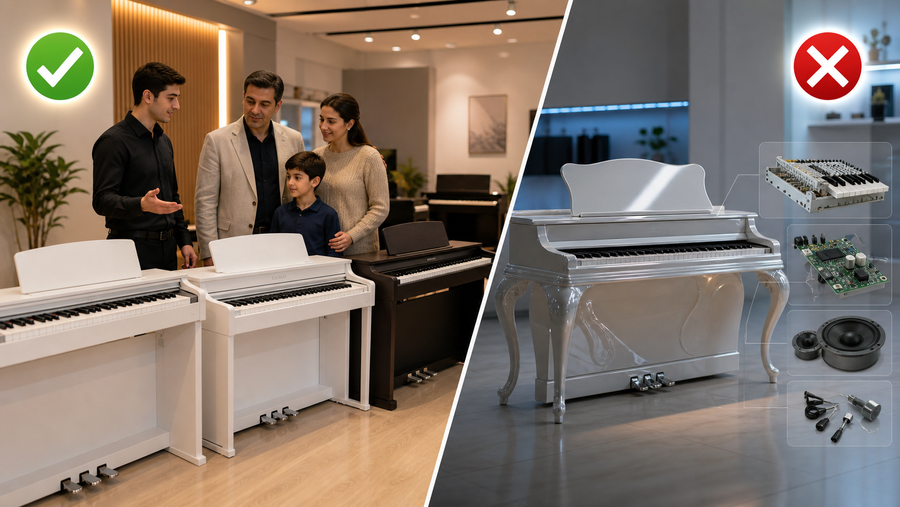 Private Label, No-Name və “Üstünə Ad Yapışdırılmış” Piano Nədir? - Royal.az blog üçün müqayisə şəkli: real elektron piano və no-name piano fərqi