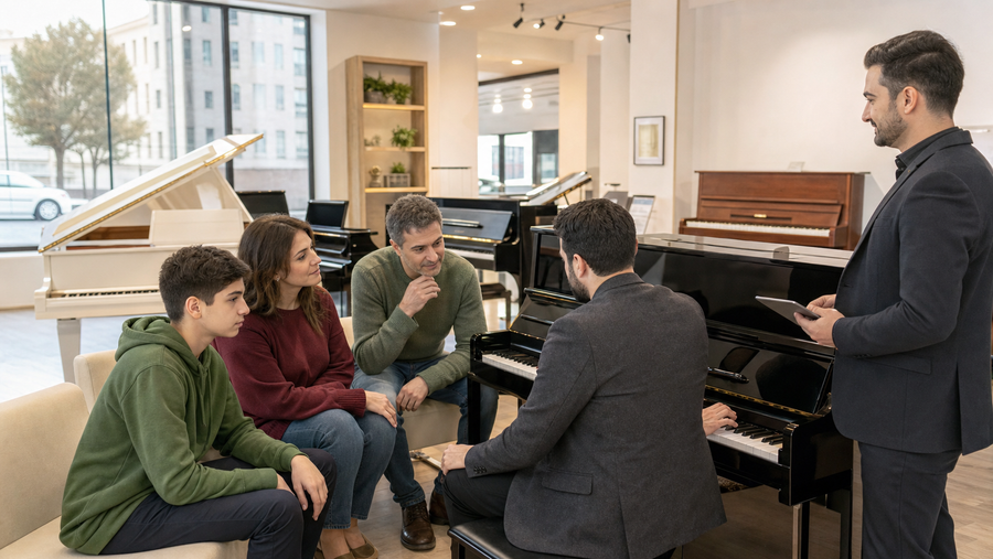 Rəsmi piano distribütorundan zəmanətlə piano seçən ailə və musiqiçi