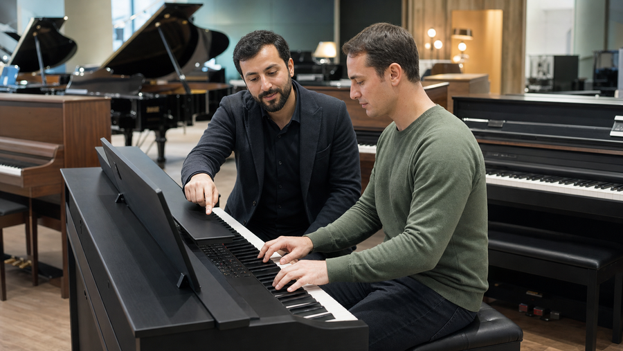 Royal mağazasında peşəkar musiqiçi ilə piano seçimi və konsultasiya