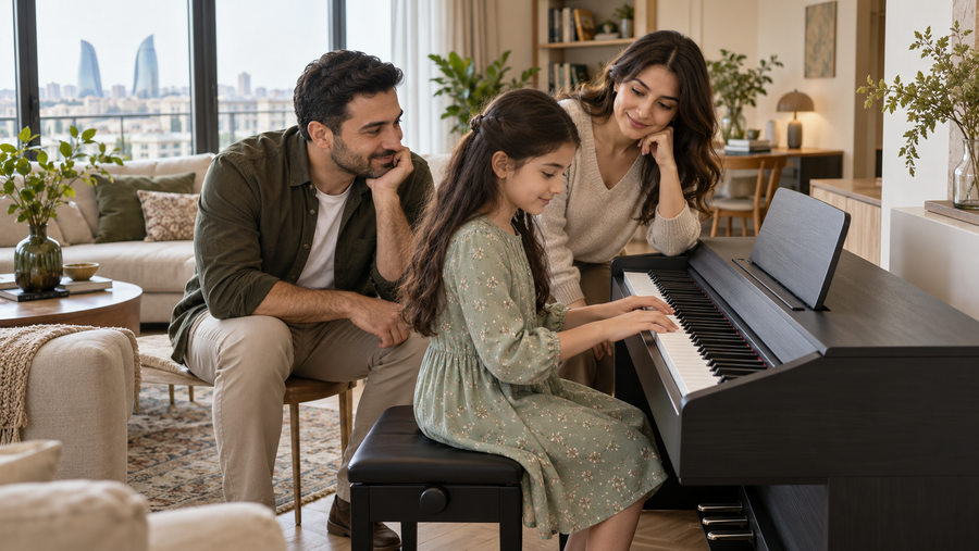Ailənin elektron piano ilə məşqi — fotoqrafik üslubda hazırlanmış AI illüstrasiyası