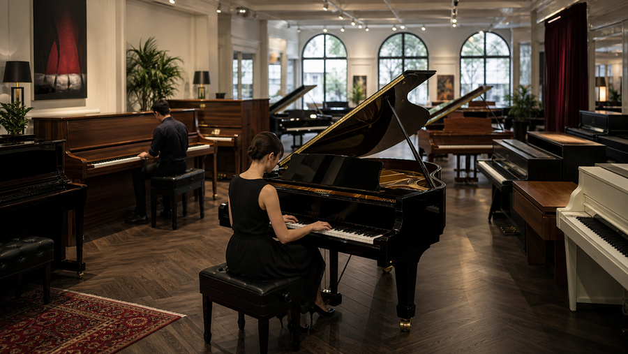Dünyanın aparıcı akustik və elektron piano brendləri bir piano mağazasında