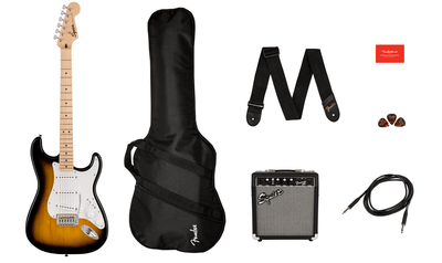 SQUIER Sonic Strat Pack, Maple Fing, 2-Color Sunburst, Gig Bag, 10G -