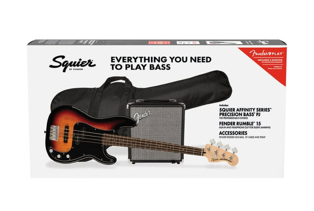 SQUIER Affinity Series Precision Bass PJ Pack, Maple Fing, Black, Gig Bag, Rumble 15