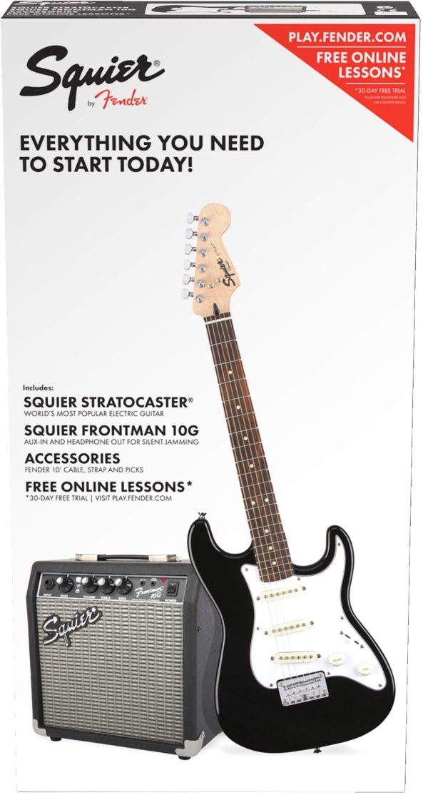 SQUIER Sonic Strat Pack, Maple Fing, Black, Gig Bag, 10G