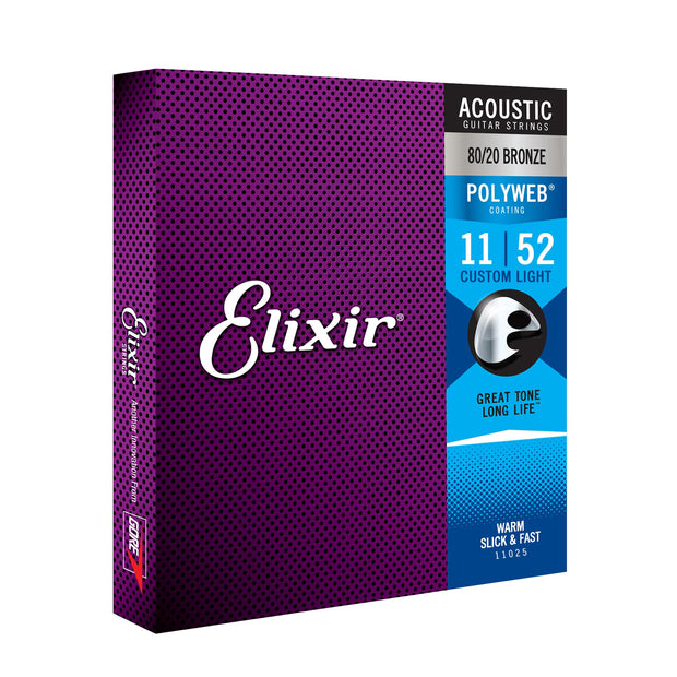 Elixir 11025 Strings 80/20 Bronze Acoustic Guitar Strings w POLYWEB Coating, Custom Light (.011-.052)