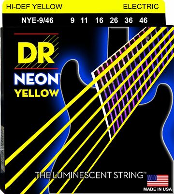 DR NYE-9/46 Neon YELLOW Electric Guitar Strings; gauges 9-46 lite-n-heavy