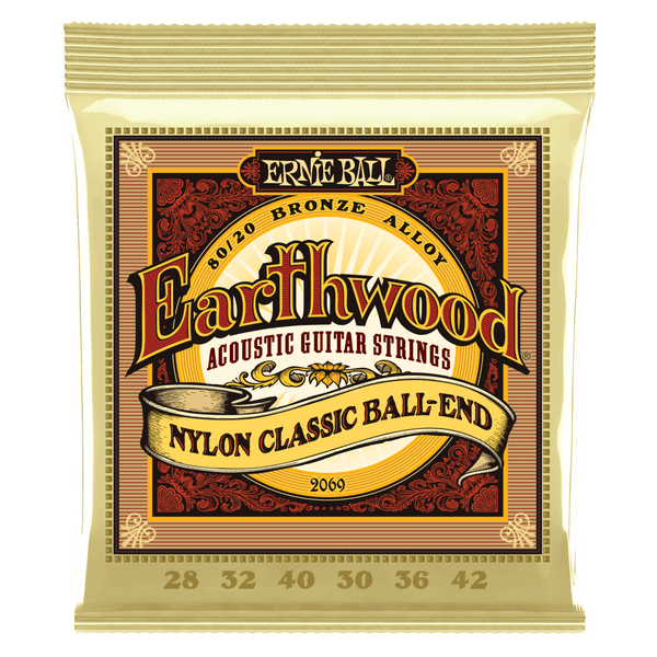 Ernie Ball Earthwood 80/20 Bronze Nylon Ball End Folk/Classical Guitar Strings - Clear &amp; Gold