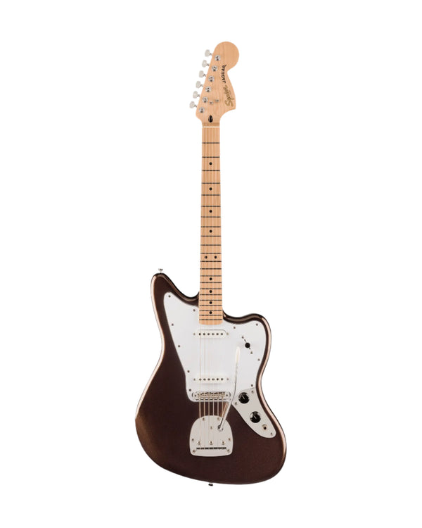 Electric guitar with a brown body and white pickguard on a white background