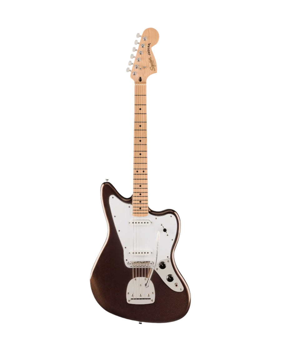 Electric guitar with a brown body and white pickguard on a white background