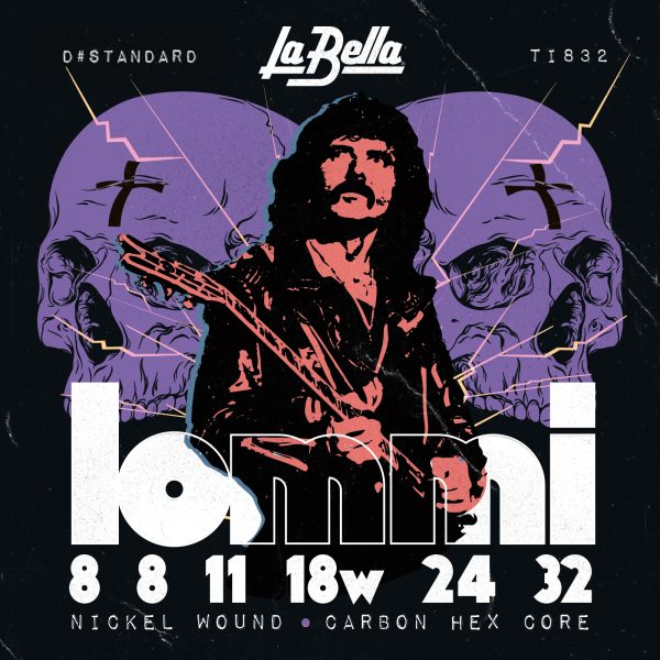 Guitarist with a guitar against a skull background, featuring La Bella branding.