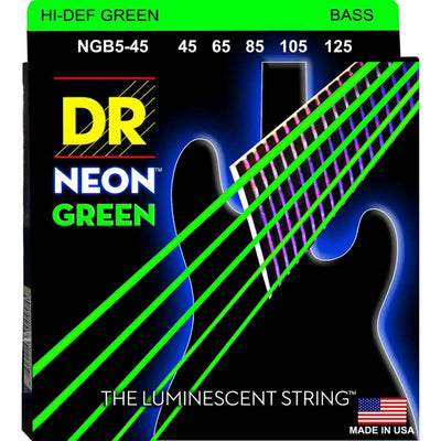 DR Hi-Def Neon Green K3 Coated Bass Guitar Strings NGB5-45 Med 5s 45-125