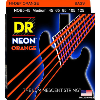 DR Hi-Def Neon Orange K3 Coated Electric Bass Strings NOB5-45 Med 5s 45-125