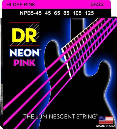 DR Hi-Def Neon Pink K3 Coated Electric Bass Strings NPB5-45 Med 5s 45-125