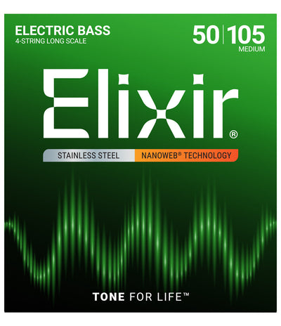 Elixir 14702 Stainless Steel NANOWEB Bass Simləri 50–105, 4 Simli Medium Long Scale