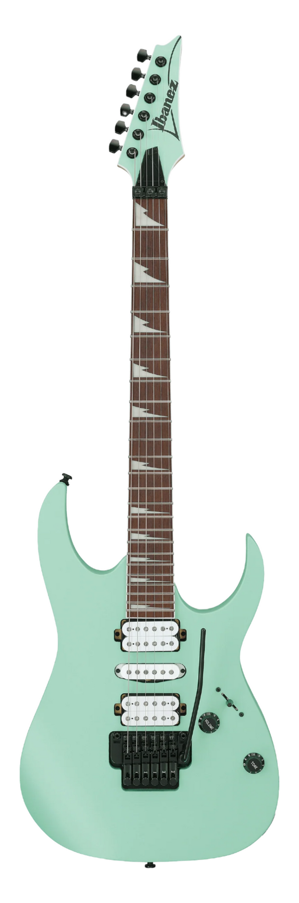Turquoise electric guitar with a visible brand logo on a black background