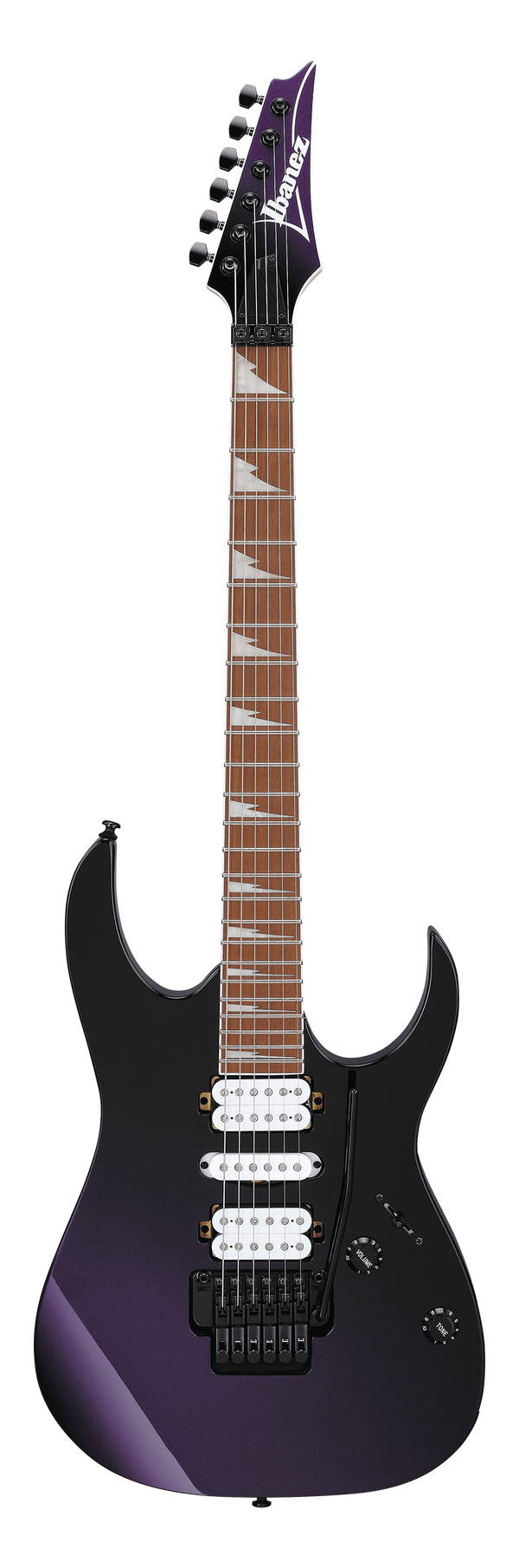 Electric guitar with a black body and purple accents on a white background