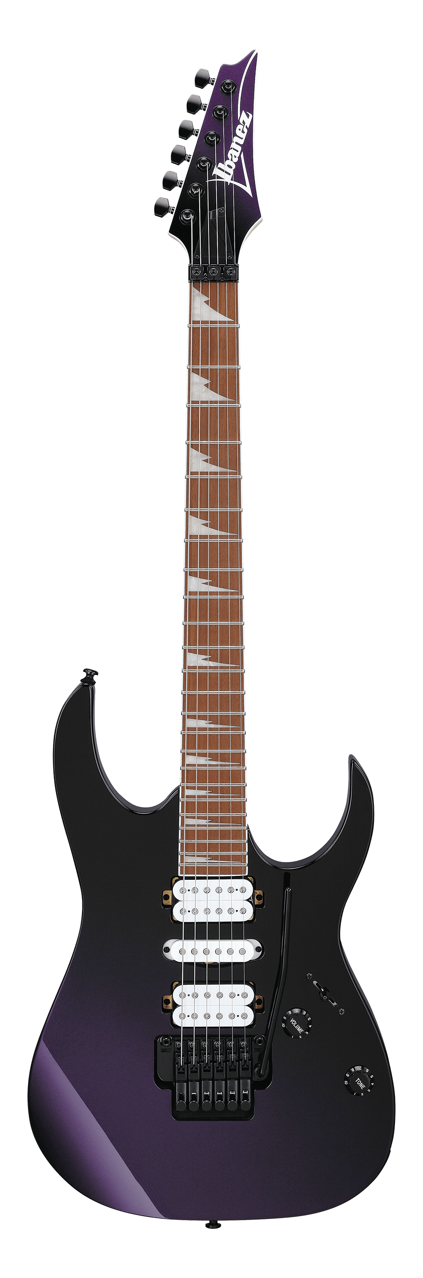 Electric guitar with a black body and purple accents on a white background