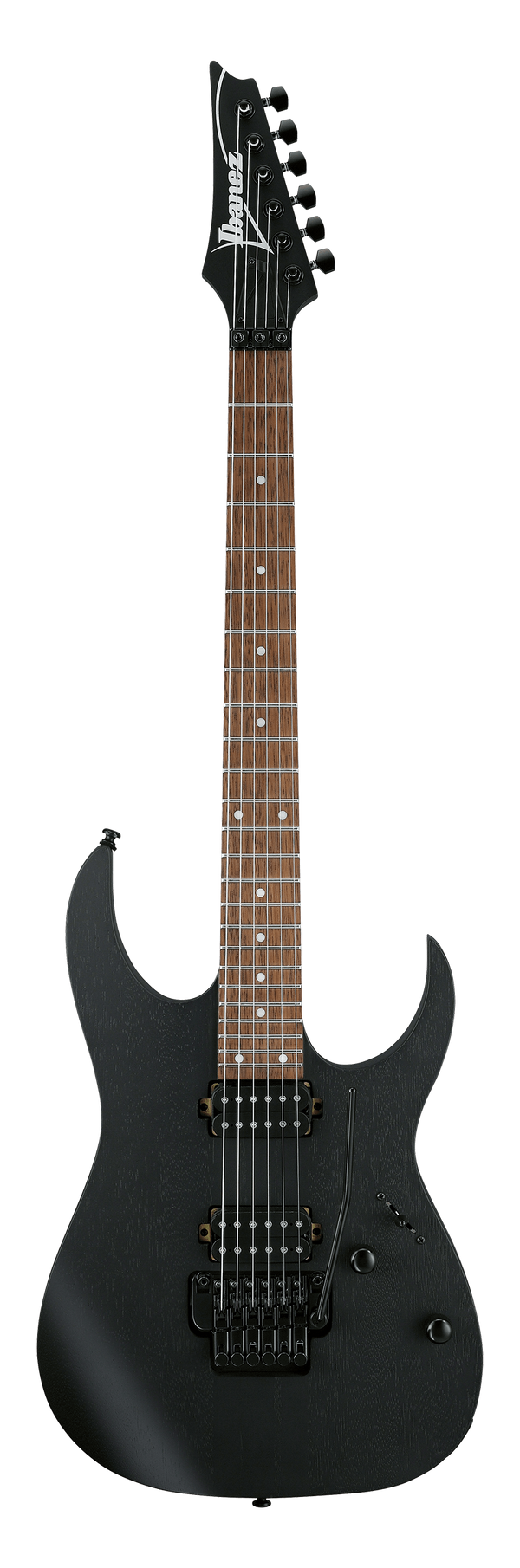 Black electric guitar with a visible brand logo on a black background
