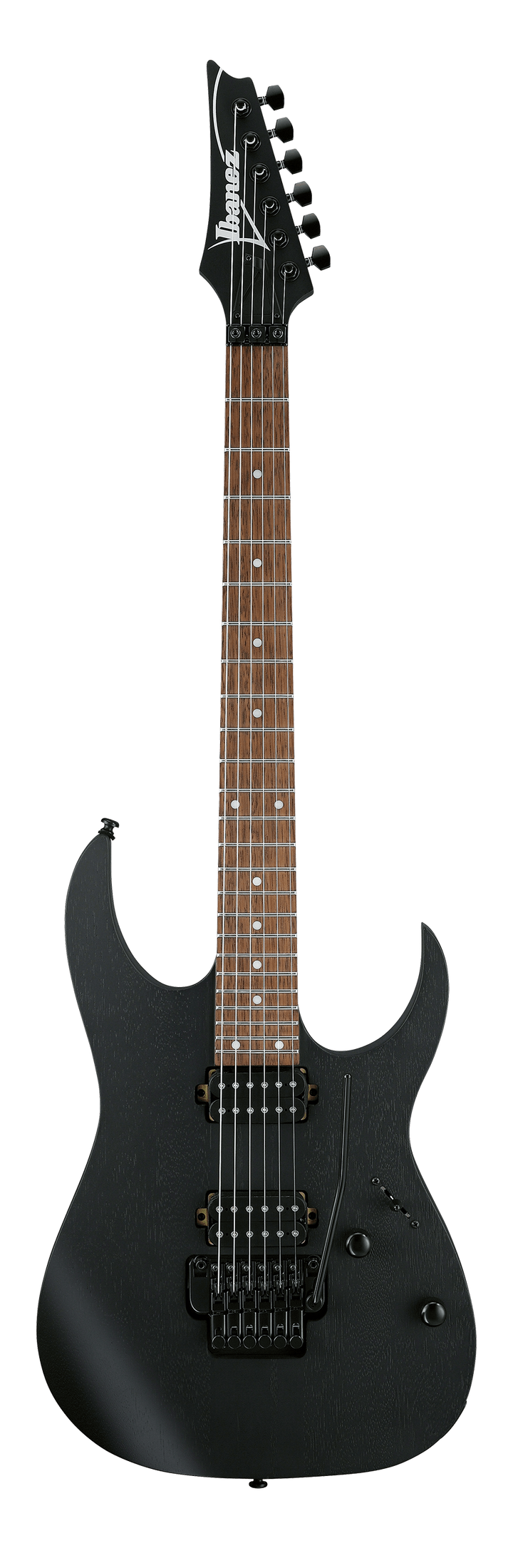 Black electric guitar with a visible brand logo on a black background
