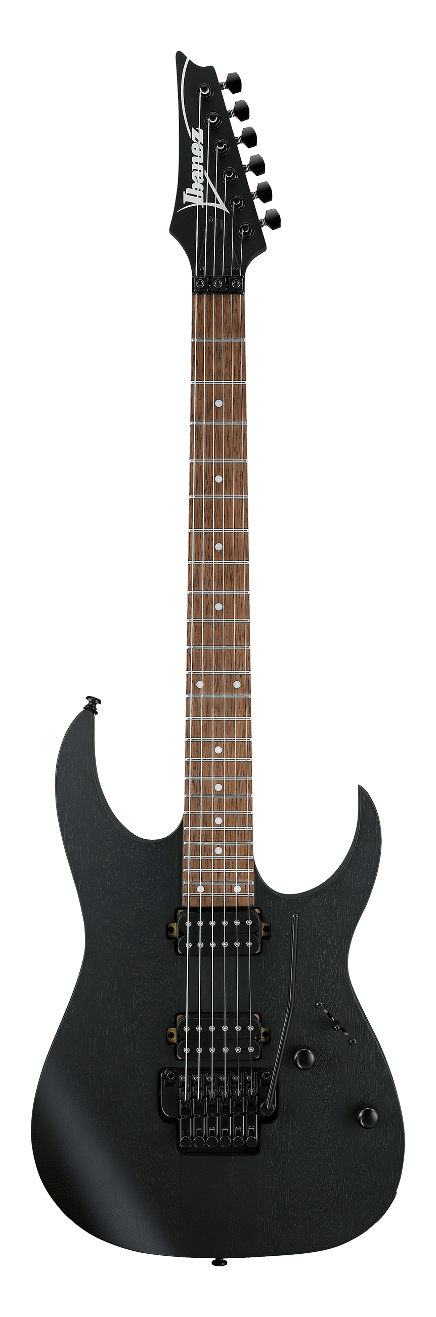 Black electric guitar with a visible brand logo on a black background