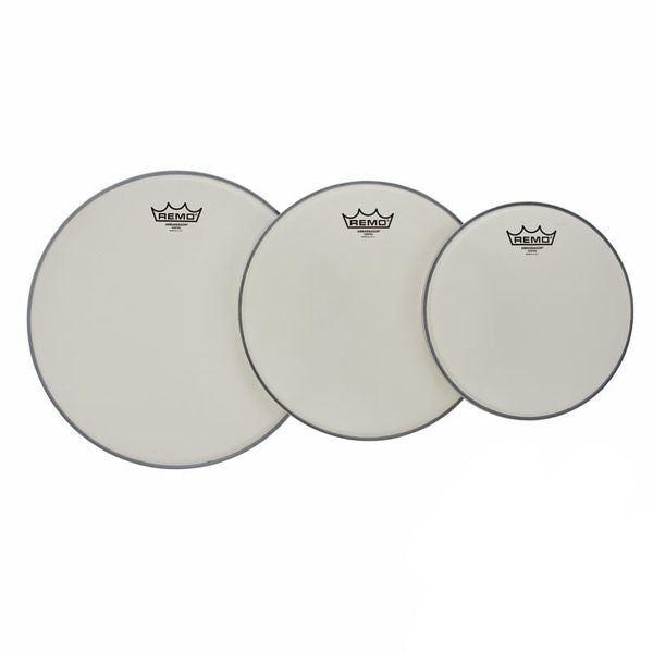 Three Remo drum heads on a white background